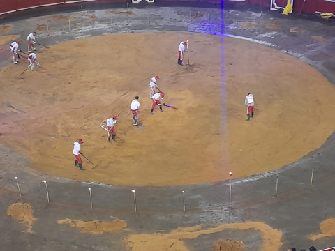 7:20 p.m. Los monosabios adecuaron el ruedo después de cerca de dos horas de aguacero que duró cerca de dos horas.