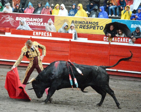El novillero francés, Lalo de María realiza un derechazo al novillo Rondeño de 400 kilos. El ejemplar de Achury Viejo humilla en el pase y facilita las luces de estética taurina.