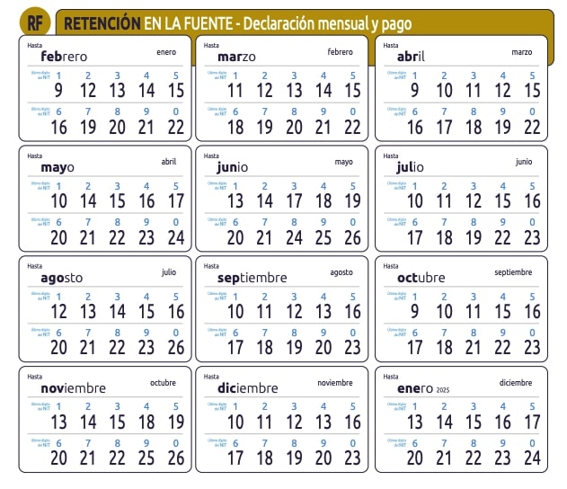 Calendario de pago de impuesto de retención en la fuente