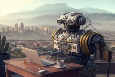 Al igual que texto, existen herramientas para crear imágenes. Una de ellas es https://midjourney.com/, a la que se le pidió que ilustrara un robot con un paisaje cafetero y que pusiera la ciudad de Manizales al fondo. La foto es el resultado.