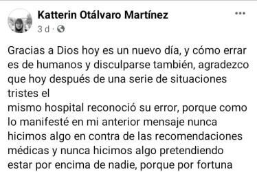 La primera gestora de Pácora, Kátterin Otálvaro, manifestó su inconformidad por el maltrato que su padre recibió cuando estuvo internado en el Hospital Santa Sofía.