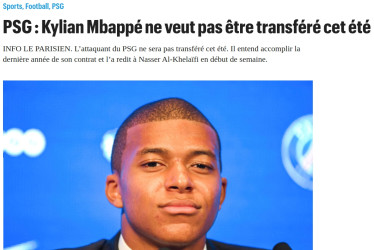 Captura de pantalla de la noticia en la que Le Parisien anuncia que el astro galo se queda en el PSG.