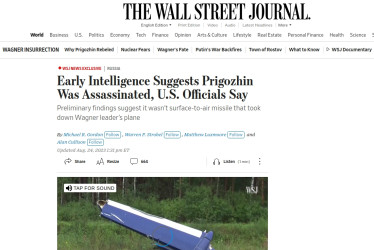 Captura de pantalla de la noticia exclusiva de The Wall Street Journal en la que se informa que Yevgueni Prigozhin y sus compañeros de vuelo pudieron haber sido asesinados con una bomba.