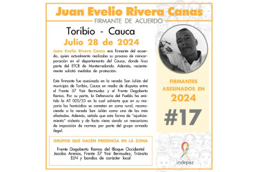 El excombatiente Juan Evelio Rivera fue asesinado en la vereda San Julián de Toribío (Cauca).