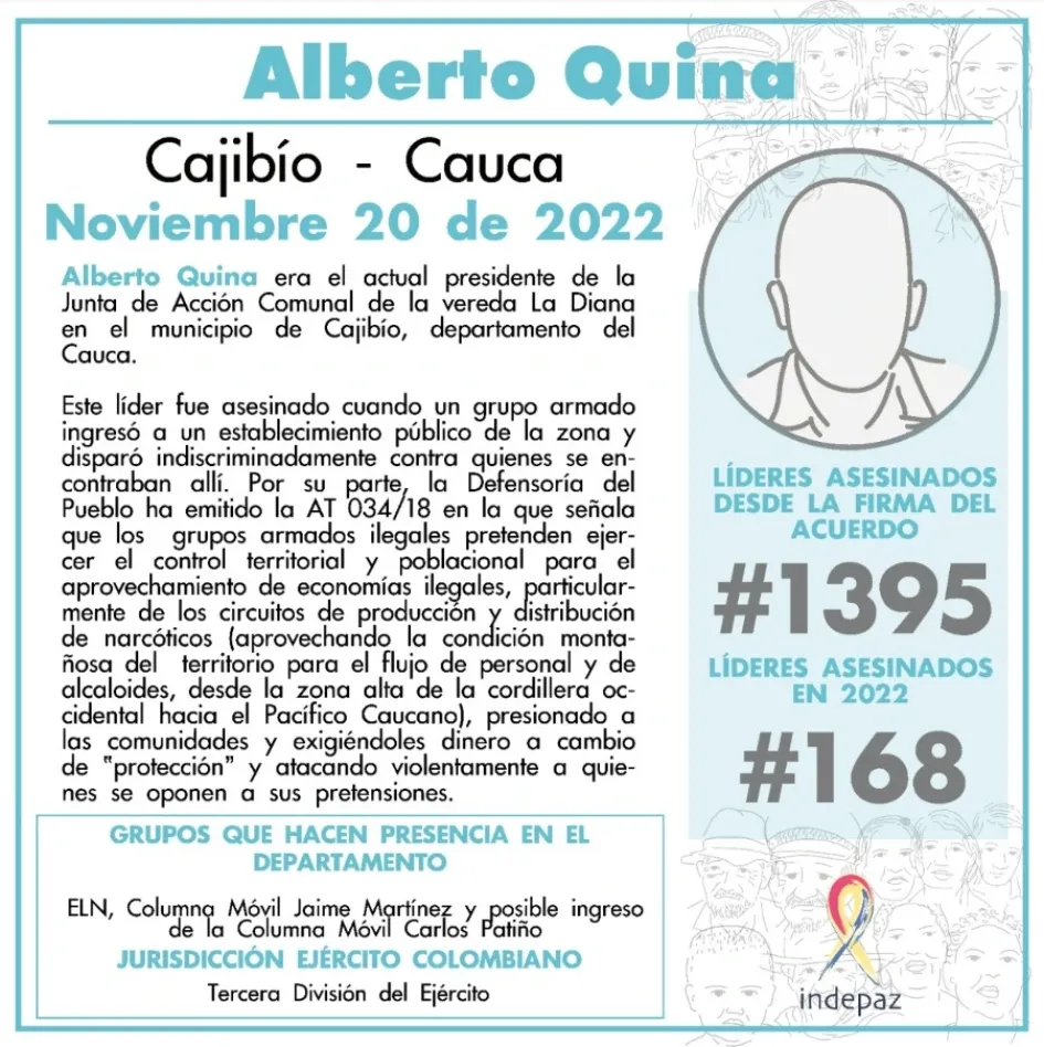 Asesinan a líder social y a otras dos personas en el Cauca Asesinan a líder social y a otras dos personas en el Cauca
