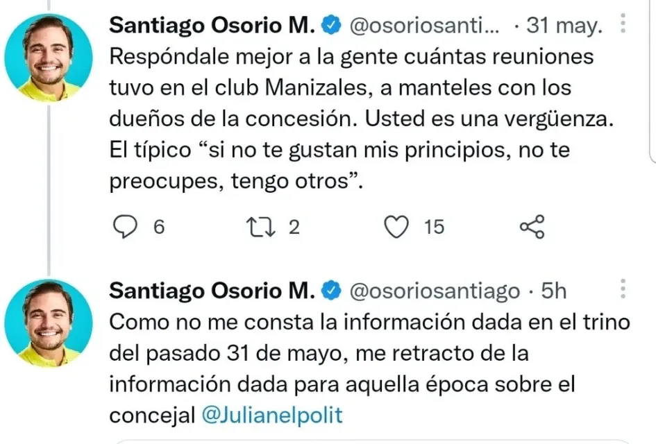 Forma en que el representante a la Cámara por Caldas, Santiago Osorio Marín, se retractó de lo que dijo del concejal de Manizales Julián García. Santiago Osorio y Julián García