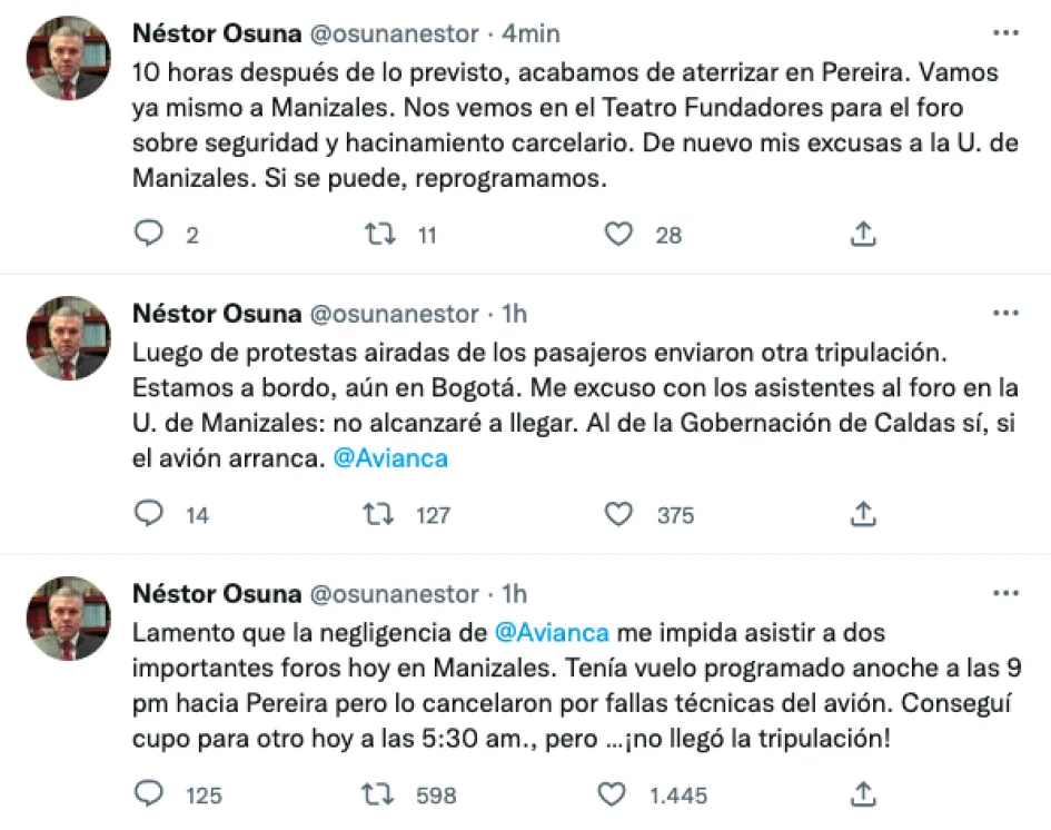 Minjusticia se queja de Avianca por retrasos en su vuelo para llegar a Manizales Minjusticia se queja de Avianca por retrasos en su vuelo para llegar a Manizales