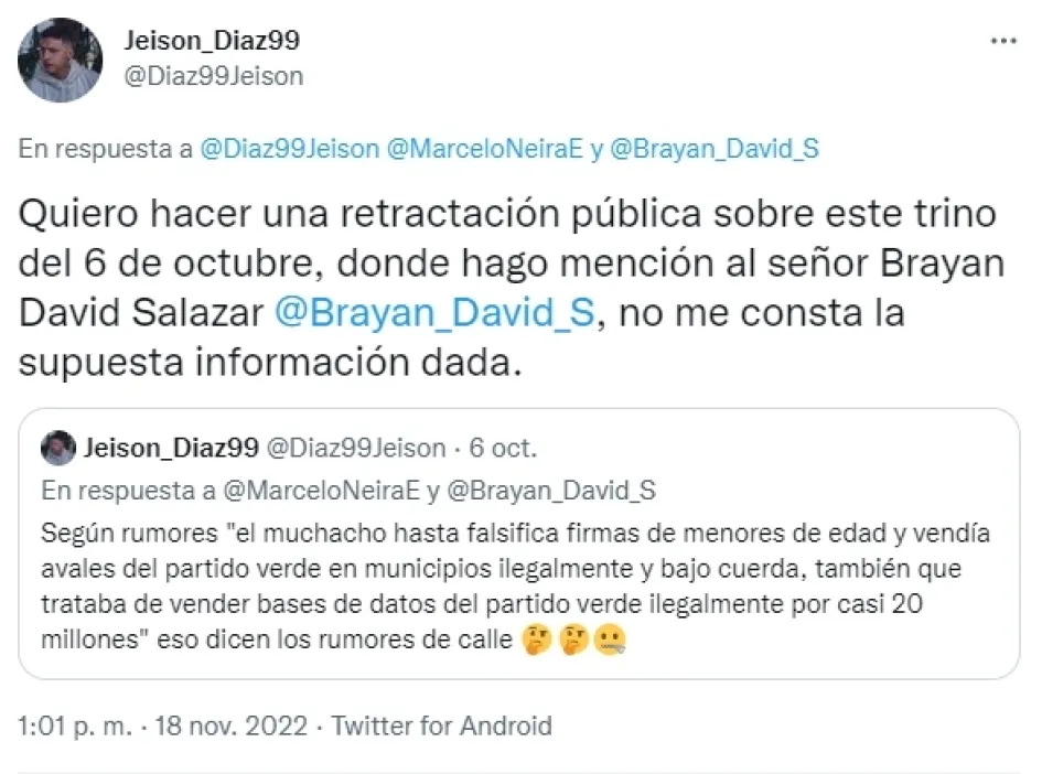 Tuitero se retracta de acusaciones contra el líder político Brayan David Salazar Tuitero se retracta de acusaciones contra el líder político Brayan David Salazar