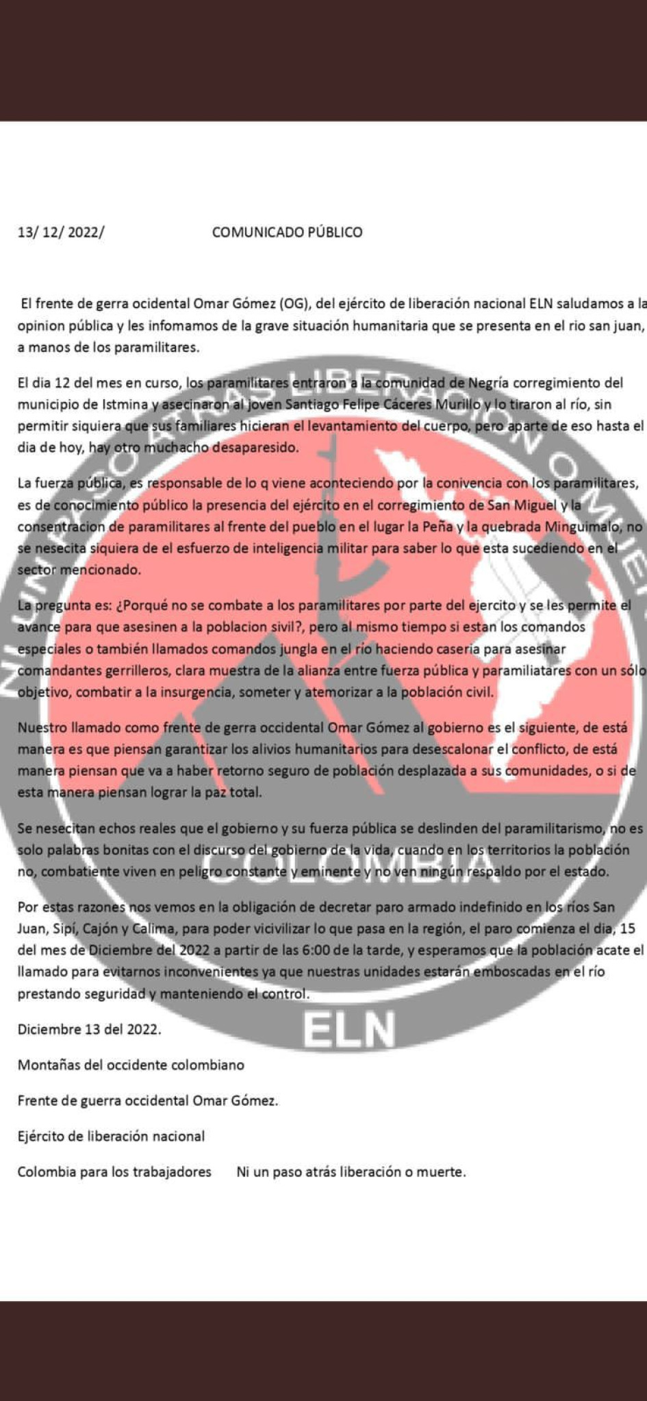 Misiva en la que el Eln anuncia el paro armado en los ríos San Juan, Sipí, Cajón y Calima a partir de las 6:00 p.m. Misiva en la que el Eln anuncia el paro armado en los ríos San Juan, Sipí, Cajón y Calima a partir de las 6:00 p.m.