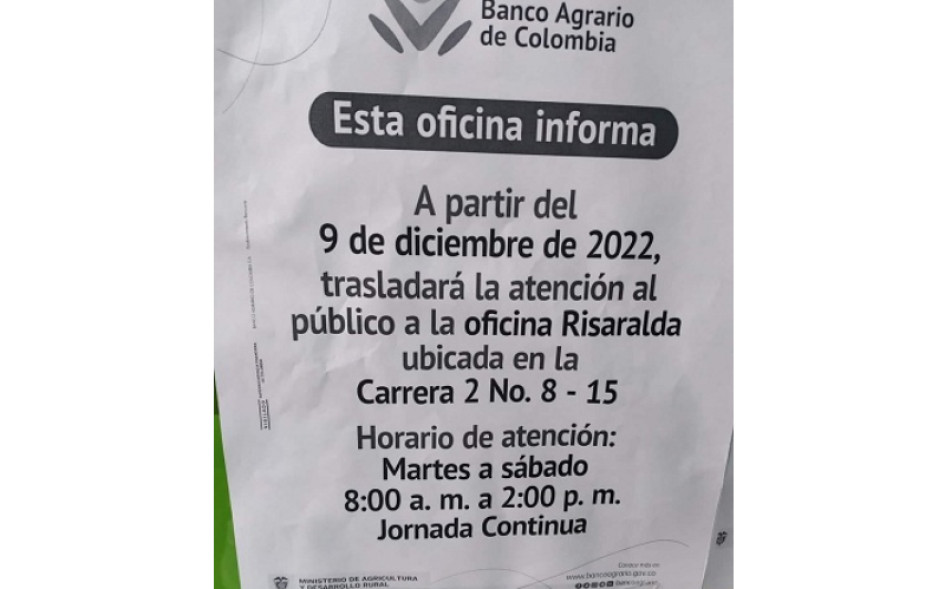 Con este panfleto el Banco Agrario anunció el traslado de su oficina en Arauca (Palestina) a Risaralda. Con este panfleto el Banco Agrario anunció el traslado de su oficina en Arauca (Palestina) a Risaralda.