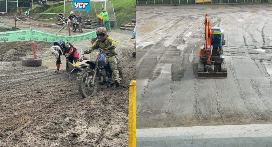 La cancha durante las actividades de la Feria de Manizales. El escenario siendo intervenido por la Alcaldía. Cancha de La Asunción