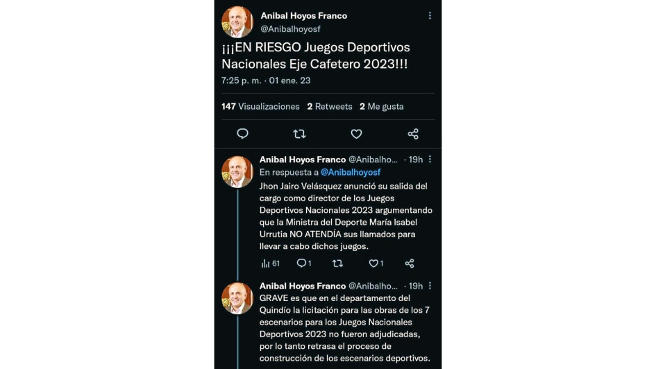 Trinos del representante a la Cámara risaraldense Aníbal Hoyos, en los que expresa su preocupación por los Juegos Nacionales del Eje Cafetero previstos para noviembre y diciembre de este año. Trinos del representante a la Cámara risaraldense Aníbal Hoyos, en los que expresa su preocupación por los Juegos Nacionales del Eje Cafetero previstos para noviembre y diciembre de este año.