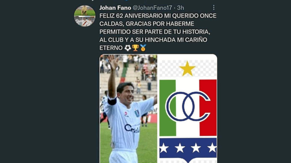El peruano Johan Fano, exdelantero del Once Caldas, felicitó al equipo por su reciente aniversario. El peruano Johan Fano, exdelantero del Once Caldas, felicitó al equipo por su reciente aniversario.