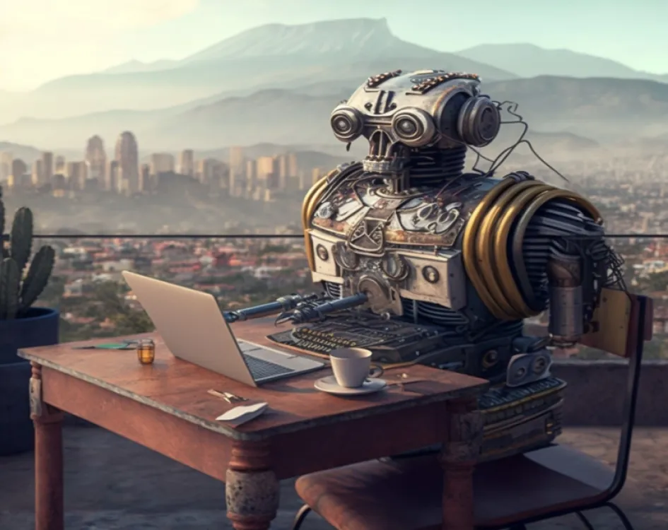 Al igual que texto, existen herramientas para crear imágenes. Una de ellas es https://midjourney.com/, a la que se le pidió que ilustrara un robot con un paisaje cafetero y que pusiera la ciudad de Manizales al fondo. La foto es el resultado. Al igual que texto, existen herramientas para crear imágenes. Una de ellas es https://midjourney.com/, a la que se le pidió que ilustrara un robot con un paisaje cafetero y que pusiera la ciudad de Manizales al fondo. La foto es el resultado.