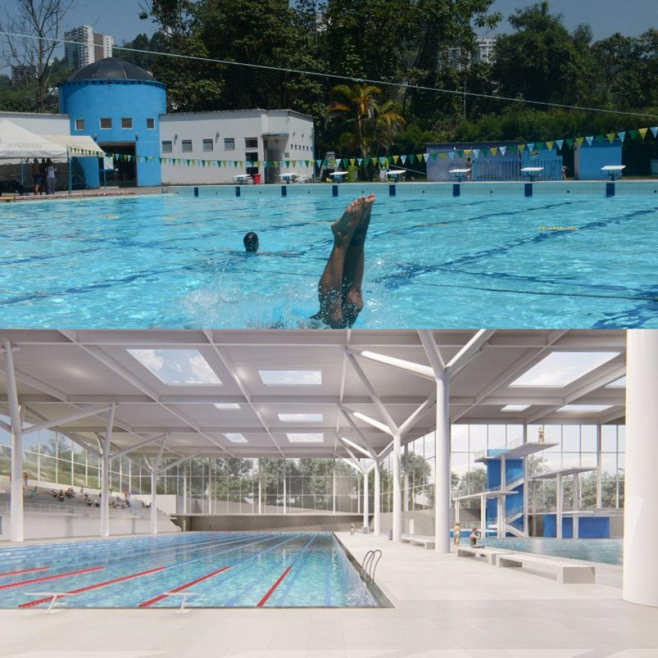 Juegos Nacionales del 2023 En la foto de arriba, la piscina actual. En la imagen de abajo cómo quedaría el Complejo Acuático si se interviene como está proyectado con recursos del Mindeporte y la Gobernación de Caldas.