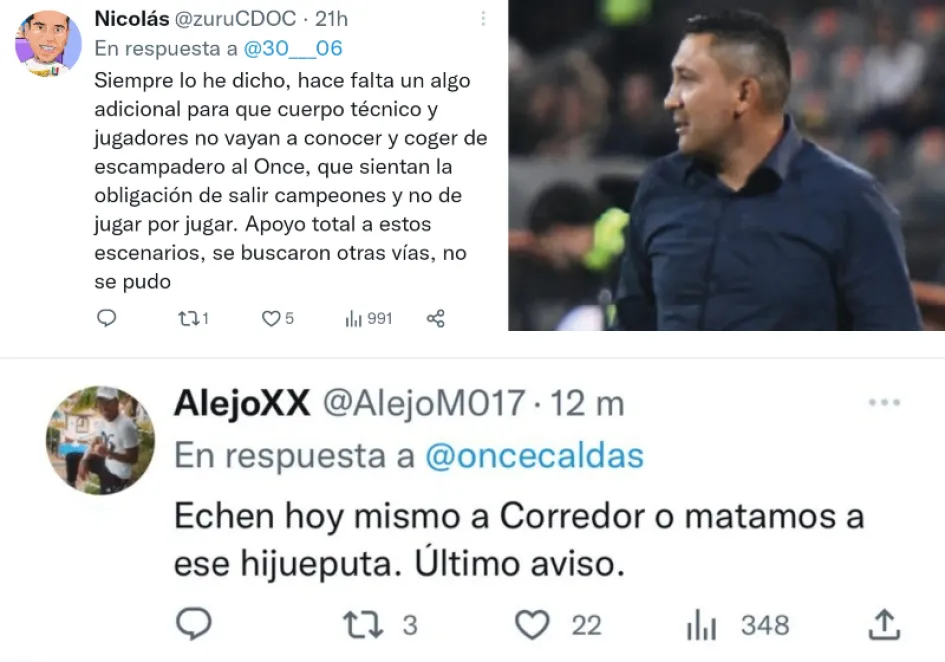 Estas son algunas de los comentarios que se vieron en Twitter en contra del técnico del Once Caldas, Diego Corredor. En las redes sociales se observa un malestar de los hinchas por el rendimiento del equipo. 