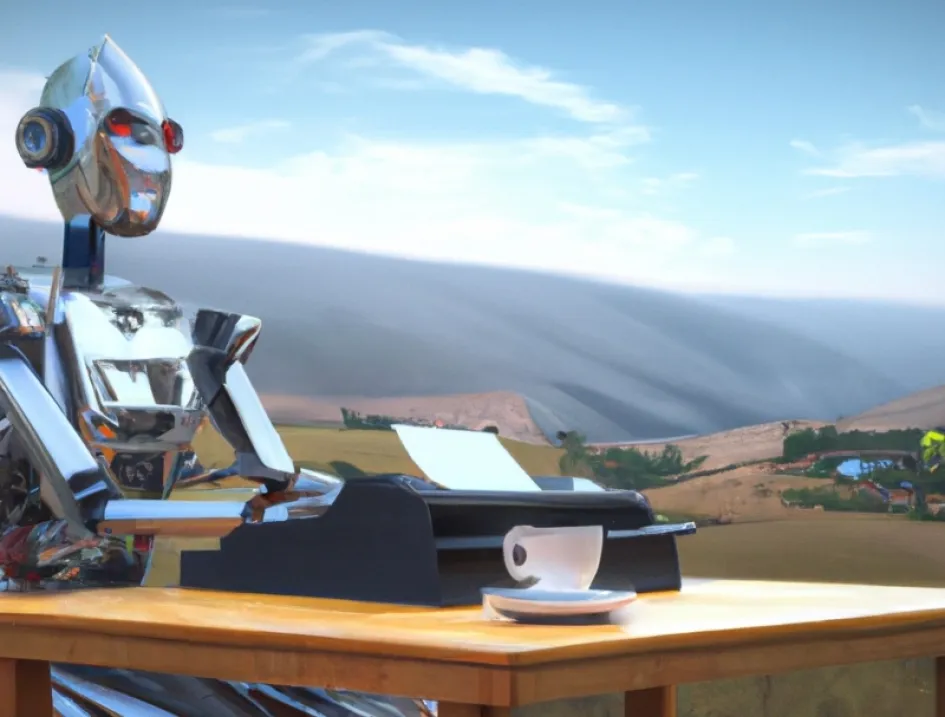 DALL-E tiene una función similar al Chat GPT, pero convierte texto en imágenes. En esta ocasión se le pidió un robot con un paisaje cafetero de fondo. DALL-E