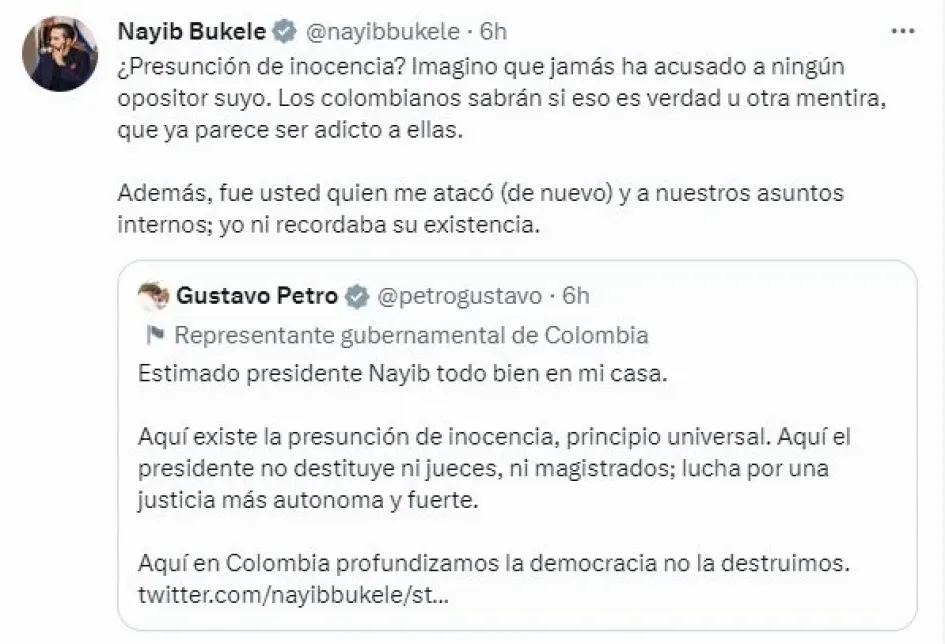 Un nuevo intercambio de mensajes entre los mandatarios Colombia y El Salvador. Un nuevo intercambio de mensajes entre los mandatarios Colombia y El Salvador.