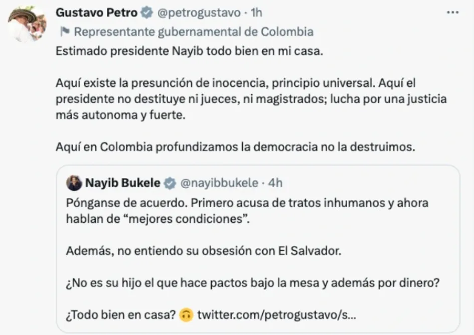 Trinos de Gustavo Petro y Nayib Bukele Trinos de Gustavo Petro y Nayib Bukele