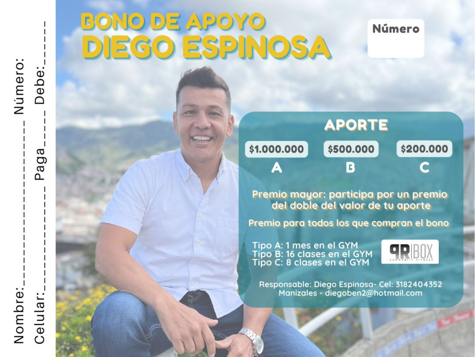 El precandidato a la Alcaldía de Manizales Diego Espinosa, apodado el Ninja, busca recursos con bonos de apoyo para financiar su campaña. El precandidato a la Alcaldía de Manizales Diego Espinosa, apodado el Ninja, busca recursos con bonos de apoyo para financiar su campaña.