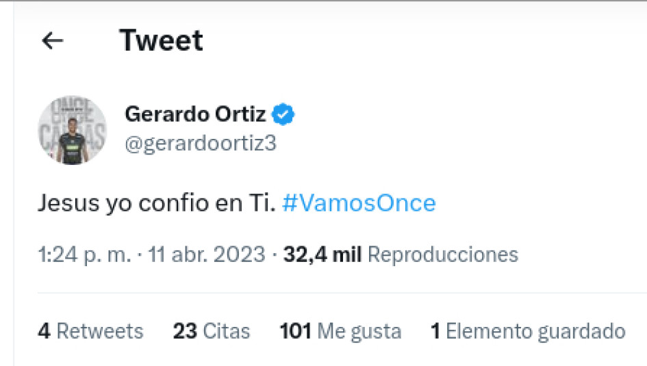 Gerardo Ortiz, portero del Once Caldas, escribió en su cuenta de Twitter antes del partido con La Equidad: “Jesús yo confío en Ti. #VamosOnce”, pero el equipo cayó. Gerardo Ortiz, portero del Once Caldas, escribió en su cuenta de Twitter antes del partido con La Equidad: “Jesús yo confío en Ti. #VamosOnce”, pero el equipo cayó.