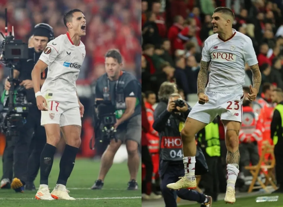 Erik Lamela, del Sevilla, y Gianluca Mancini, de la Roma, celebran el paso a la final de la Liga Europa. Erik Lamela, del Sevilla, y Gianluca Mancini, de la Roma, celebran el paso a la final de la Liga Europa.