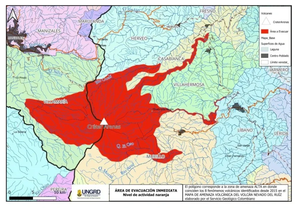 Este mapa muestra el polígono de evacuación presentado en el Puesto de Mando Unificado del 12 de mayo de 2023. La zona roja es el área a evacuar. Este mapa muestra el polígono de evacuación presentado en el Puesto de Mando Unificado del 12 de mayo de 2023. La zona roja es el área a evacuar.