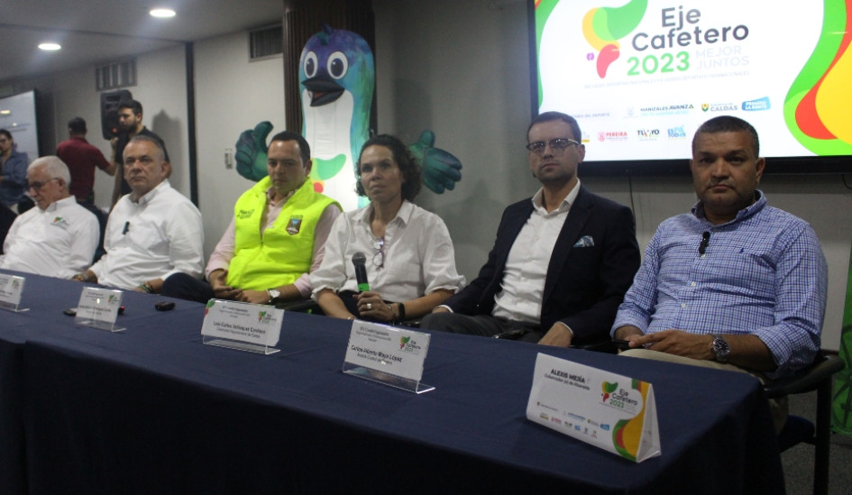 De izquierda a derecha, en la mesa principal del Comité de Juegos, Baltazar Medina, director de los JJ.NN.; José Manuel Ríos, alcalde de Armenia; Carlos Mario Marín, alcalde de Manizales; Astrid Bibiana Rodríguez, ministra del Deporte; Luis Carlos Velásquez, gobernador de Caldas, y Carlos Maya, alcalde de Pereira. De izquierda a derecha, en la mesa principal del Comité de Juegos, Baltazar Medina, director de los JJ.NN.; José Manuel Ríos, alcalde de Armenia; Carlos Mario Marín, alcalde de Manizales; Astrid Bibiana Rodríguez, ministra del Deporte; Luis Carlos Velásquez, gobernador de Caldas, y Carlos Maya, alcalde de Pereira.