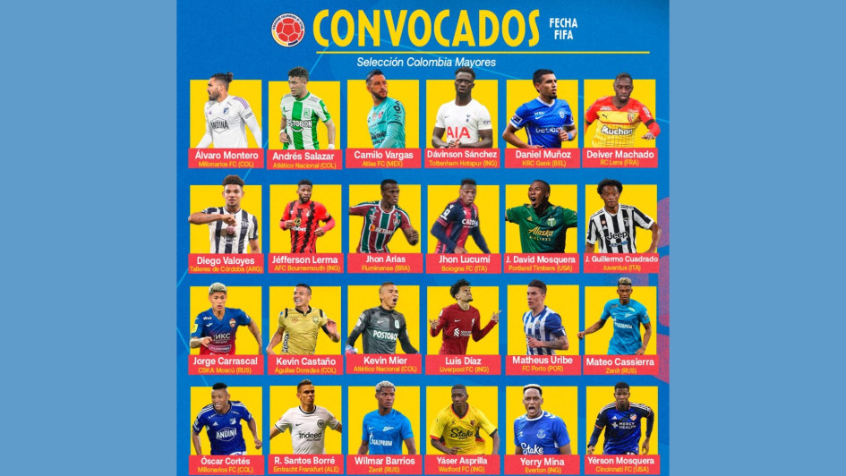 Con fotografías de los jugadores utilizando las indumentarias de sus clubes, la Selección Colombia dio a conocer la convocatoria de Néstor Lorenzo para enfrentar a Irak y Alemania. Con fotografías de los jugadores utilizando las indumentarias de sus clubes, la Selección Colombia dio a conocer la convocatoria de Néstor Lorenzo para enfrentar a Irak y Alemania.