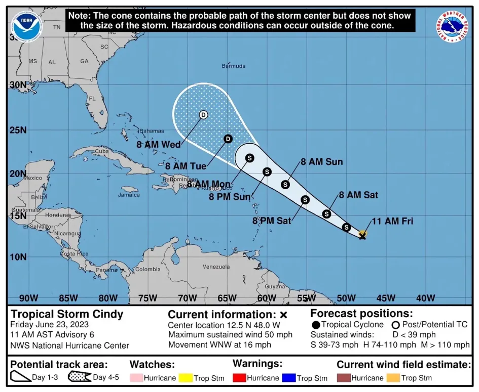 Imagen cedida el viernes por El Centro Nacional de Huracanes (NHC) de Estados Unidos donde se muestra el pronóstico de cinco días de la trayectoria de la tormenta tropical Cindy por el Atlántico. Cindy, la tercera tormenta tropical de la temporada en el Atlántico. Imagen cedida el viernes por El Centro Nacional de Huracanes (NHC) de Estados Unidos donde se muestra el pronóstico de cinco días de la trayectoria de la tormenta tropical Cindy por el Atlántico. Cindy, la tercera tormenta tropical de la temporada en el Atlántico.