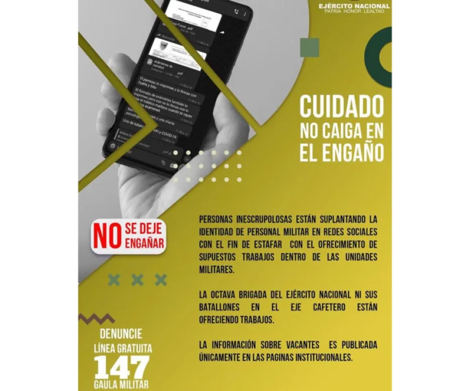 Mensaje del Batallón Ayacucho para no dejarse engañar con falsas ofertas laborales. Mensaje del Batallón Ayacucho para no dejarse engañar con falsas ofertas laborales.