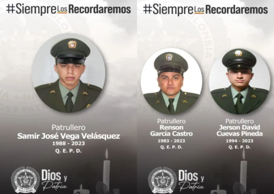 Estos son los tres policías asesinados este martes por el Eln. Estos son los tres policías asesinados este martes por el Eln.