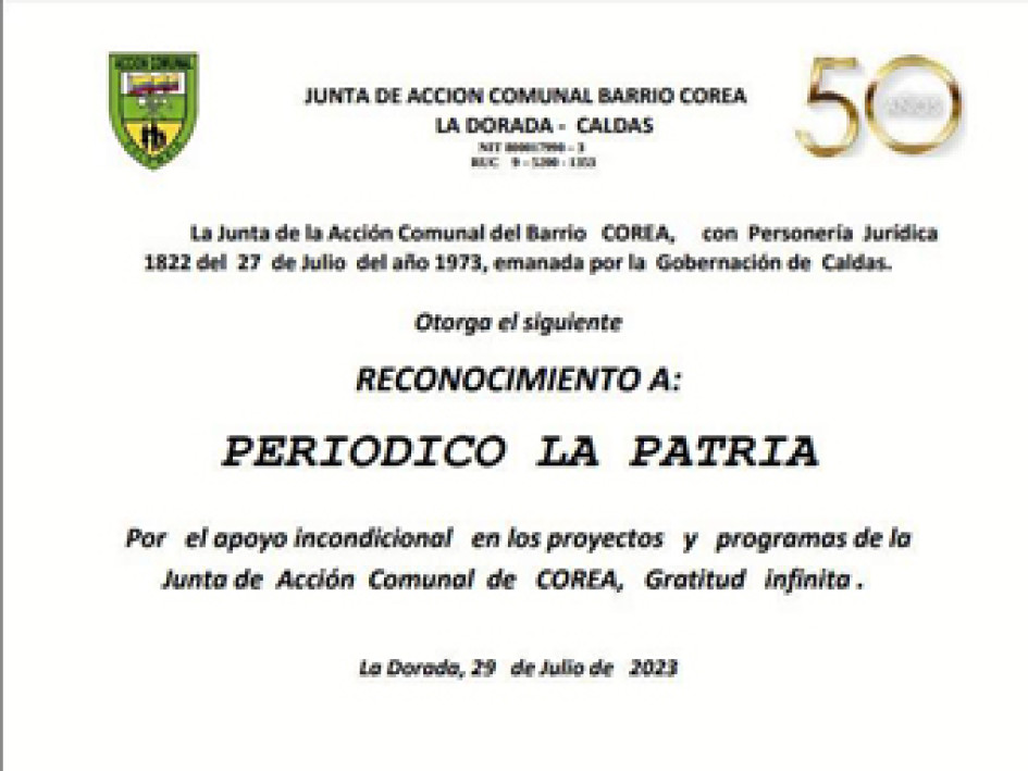 Este medio de comunicación fue reconocido por la Junta de Acción Comunal del barrio Corea de La Dorada (Caldas), por su misión de estar al lado de las comunidades. Este medio de comunicación fue reconocido por la Junta de Acción Comunal del barrio Corea de La Dorada (Caldas), por su misión de estar al lado de las comunidades.