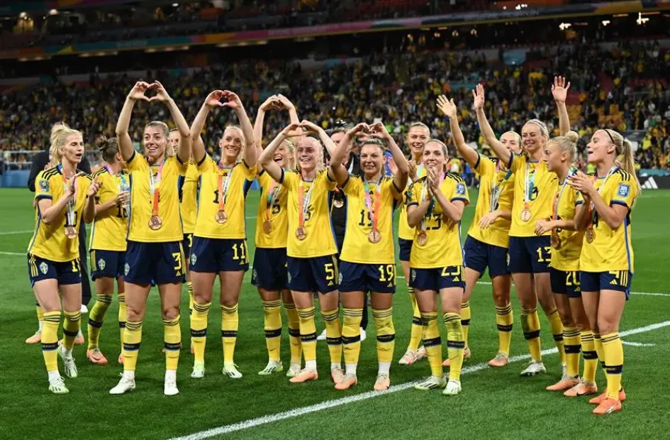 Las jugadoras de Suecia celebran ganar el partido por el tercer lugar de la Copa Mundial Femenina de la FIFA 2023 entre Suecia y Australia, en Brisbane, Australia. Las jugadoras de Suecia celebran ganar el partido por el tercer lugar de la Copa Mundial Femenina de la FIFA 2023 entre Suecia y Australia, en Brisbane, Australia.