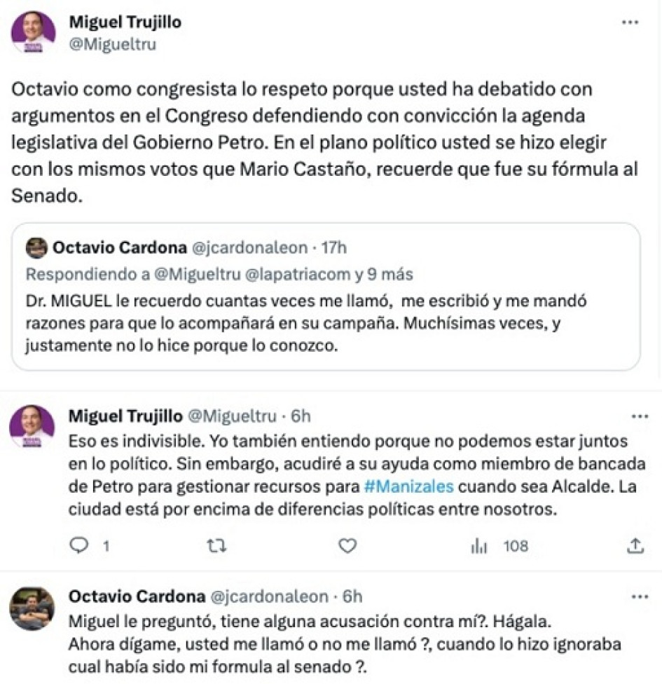 Octavio Cardona no demoró en responderle a Miguel Trujillo en Twitter al video en el que recuerda su pasado con Mario Castaño y critica su apoyo a Jorge Eduardo Rojas. Trapitos al son en Twitter o “X” Foto | LA PATRIA