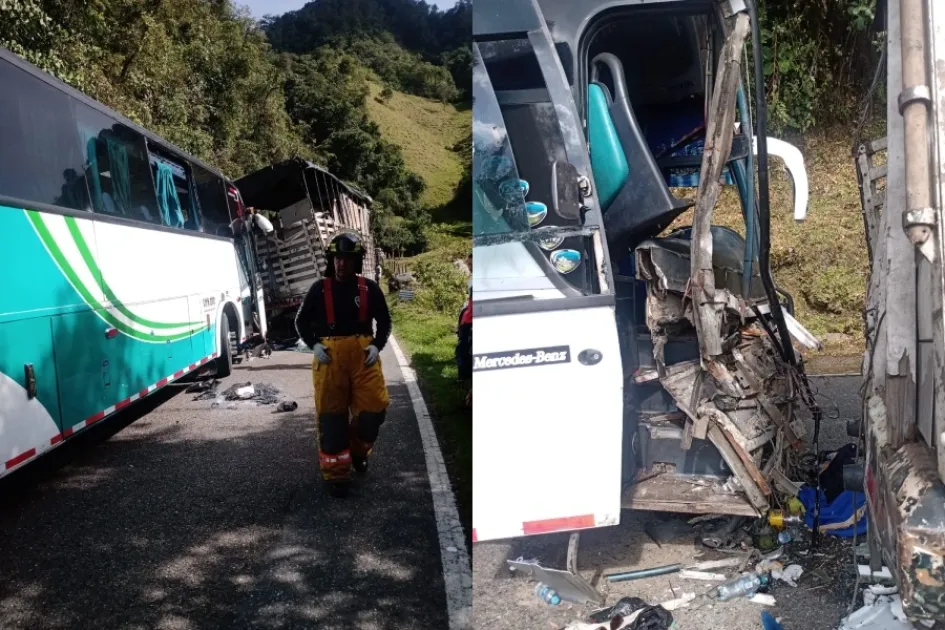 Seis heridos en choque de un bus contra un camión en la vía Manizales-Fresno (Tolima) Seis heridos en choque de un bus contra un camión en la vía Manizales-Fresno (Tolima)