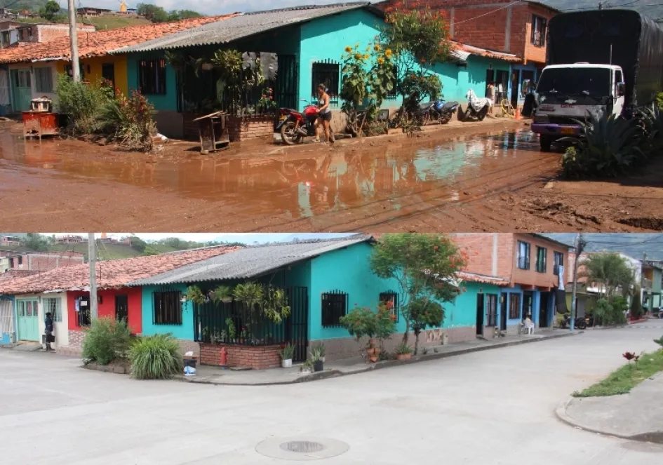 Hace un año Supía se afectó por las lluvias. En la imagen de arriba se ve cómo el lodo desdibujó la vía y cubrió el color de las viviendas del barrio La Julia. En la fotografía de abajo se observa cómo está actualmente la esquina de la carrera 8A con calle 18. Sin embargo, la reubicación de los afectados no se ve tan nítida como esa calle. Supía (Caldas), un año después de la inundación