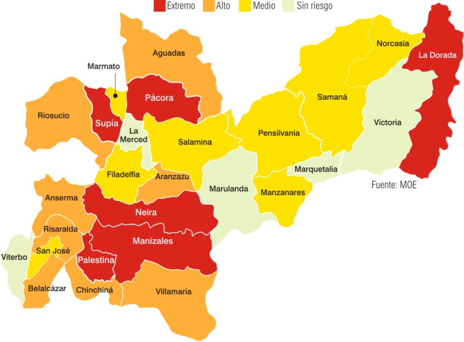 22 de los 27 municipios de Caldas reportan riesgo de cara a las próximas elecciones del 29 de octubre, según la Misión de Observación Electoral. 22 de los 27 municipios de Caldas reportan riesgo de cara a las próximas elecciones del 29 de octubre, según la Misión de Observación Electoral.