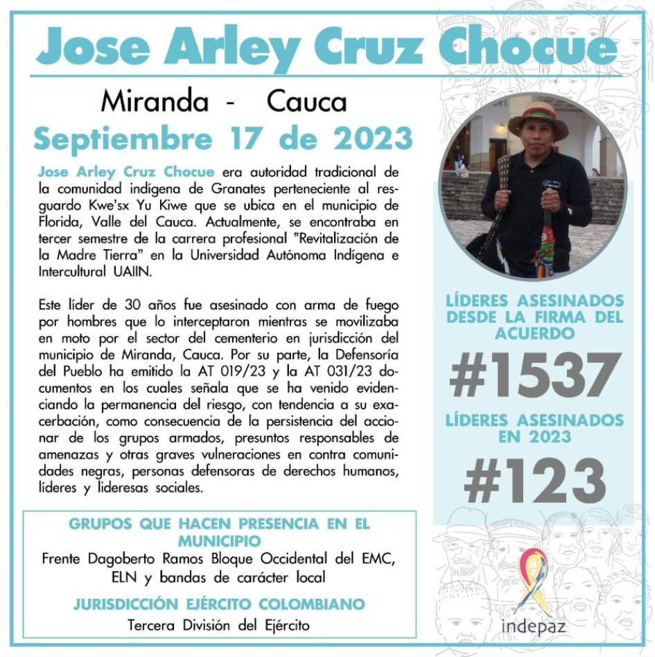 José Arley Cruz Chocué Imagen de Indepaz sobre líder social asesinado José Arley Cruz Chocué