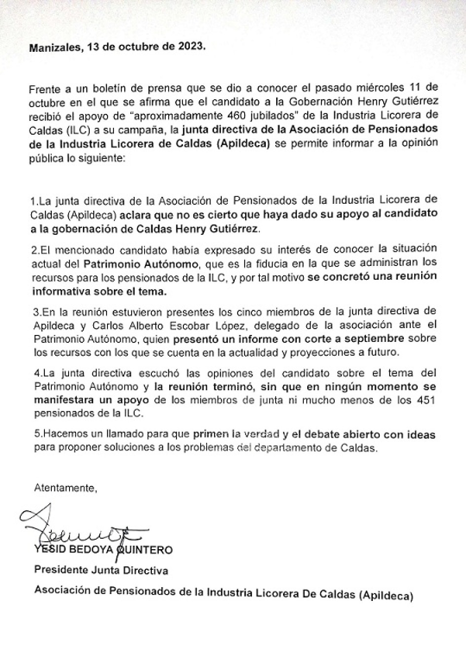 Sindicato salió a desmentir apoyo a Gutiérrez Foto|Cortesía|LA PATRIA Sindicato salió a desmentir apoyo a Gutiérrez Foto|Cortesía|LA PATRIA