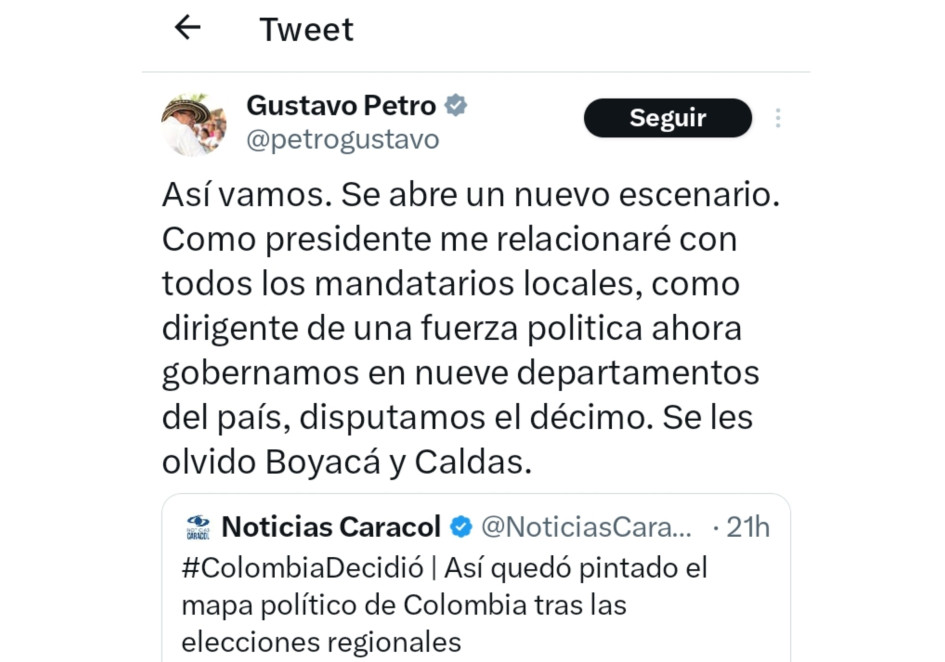 El presidente Gustavo Petro se ufanó ayer de que su fuerza política ganó la Gobernación de Caldas. Trino de Gustavo Petro sobre Caldas