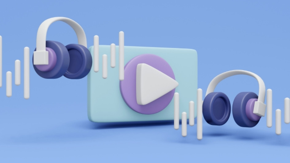 plataformas-de-streaming-en-Colombia Ilustración de un signo de play con dos audífonos flotando a los lados.