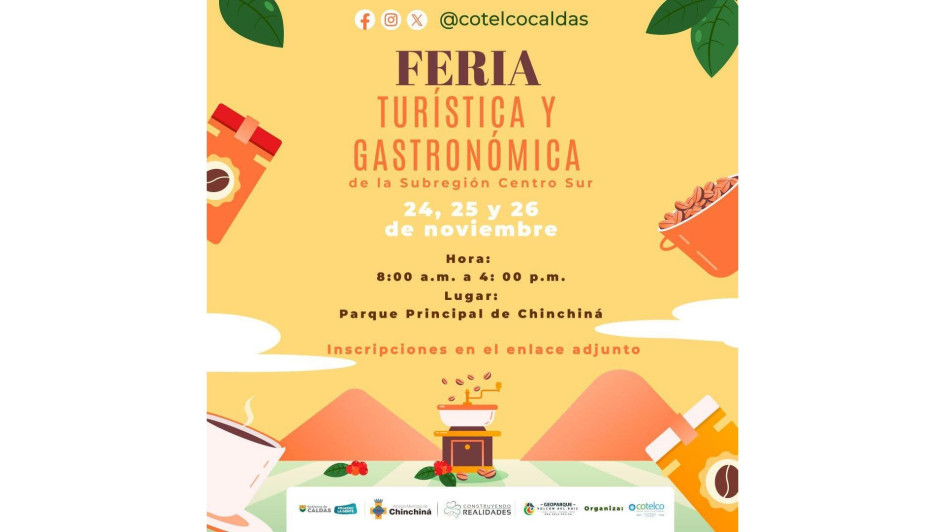 Chinchiná organiza este fin de semana una feria gastronómica y turística del Centro Sur. Además, será la premiación del Segundo Concurso de Cafés Especiales. Participan siete municipios. Chinchiná organiza este fin de semana una feria gastronómica y turística del Centro Sur. Además, será la premiación del Segundo Concurso de Cafés Especiales. Participan siete municipios.