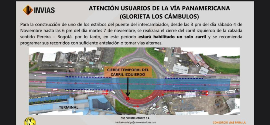 Este es el cierre vial que programó el Invías del 3 al 7 de noviembre por las obras del Intercambiador Vial de Los Cámbulos. Este es el cierre vial que programó el Invías del 3 al 7 de noviembre por las obras del Intercambiador Vial de Los Cámbulos.
