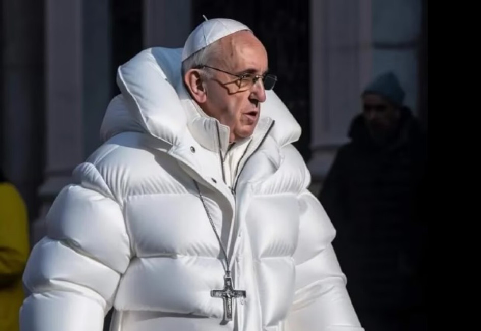 Las imágenes del papa Francisco con una chaqueta larga e inflada blanca y un gran colgante con una cruz inundaron las redes sociales este año. La imagen fue creada con inteligencia artificial. Las imágenes del papa Francisco con una chaqueta larga e inflada blanca y un gran colgante con una cruz inundaron las redes sociales este año. La imagen fue creada con inteligencia artificial.