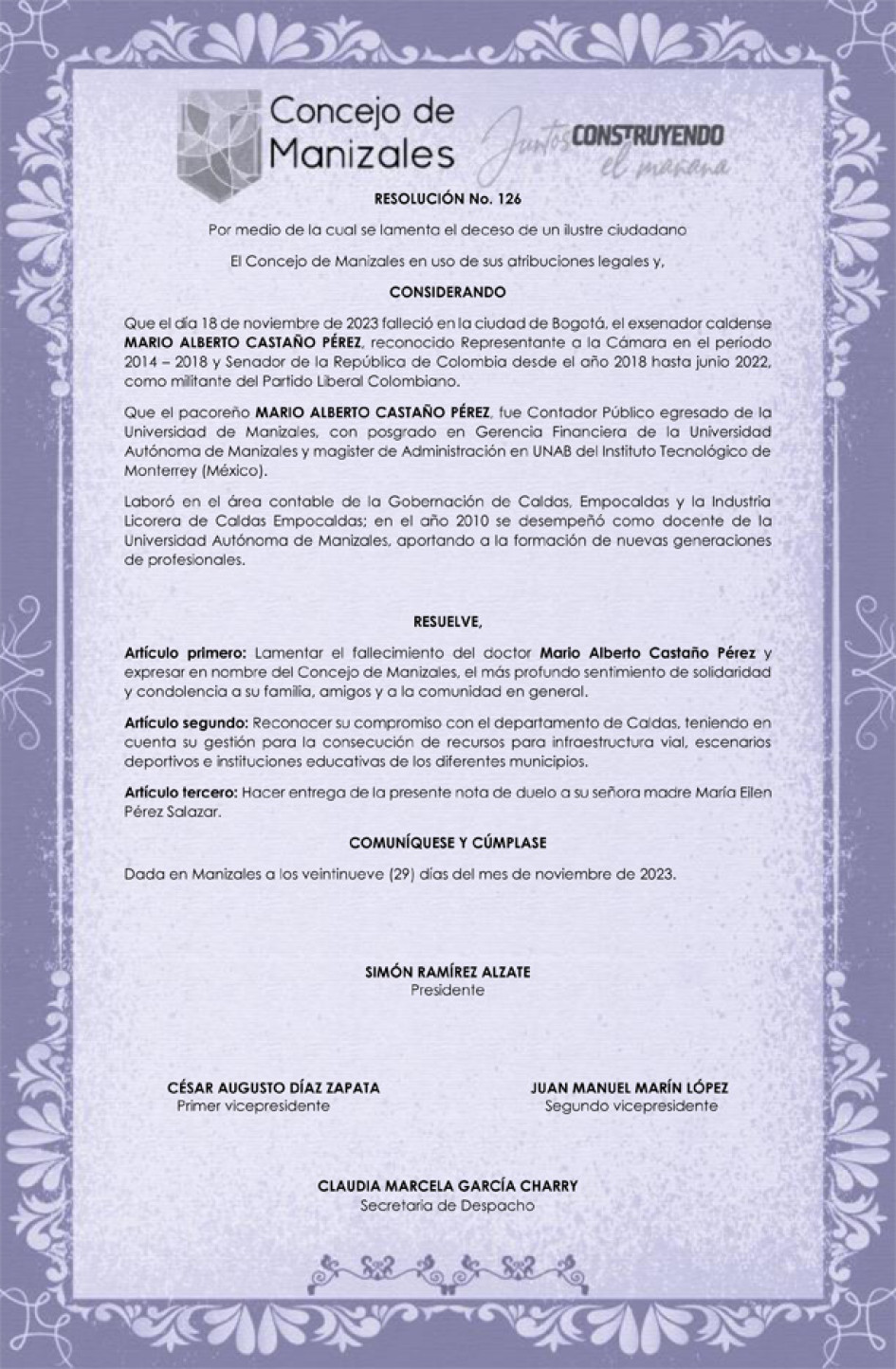 Por decisión unánime del Concejo Foto|Cortesía Concejo de Manizales|LA PATRIA Por decisión unánime del Concejo Foto|Cortesía Concejo de Manizales|LA PATRIA