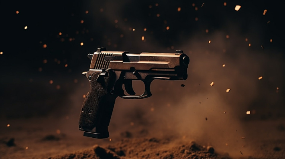 Foto gratuita primer plano del arma rodeada de pólvora después de disparar Foto gratuita primer plano del arma rodeada de pólvora después de disparar