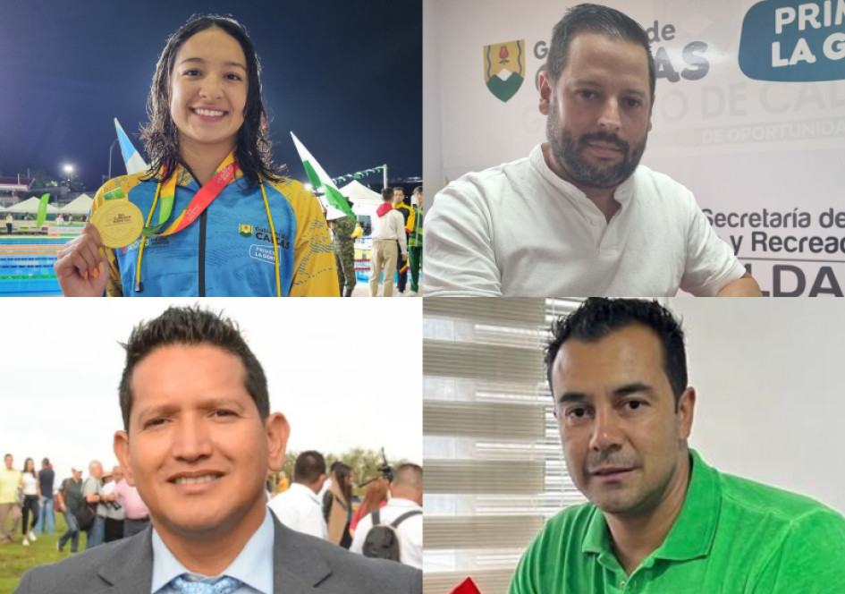 Stefanía Gómez, nadadora; Andrés Duque, secretario del Deporte de Caldas; Andrés Marín, exsecretario del Deporte; y César Cañón, presidente de la Liga de Natación. Malestar por salida de Stefanía Gómez de Caldas para Antioquia