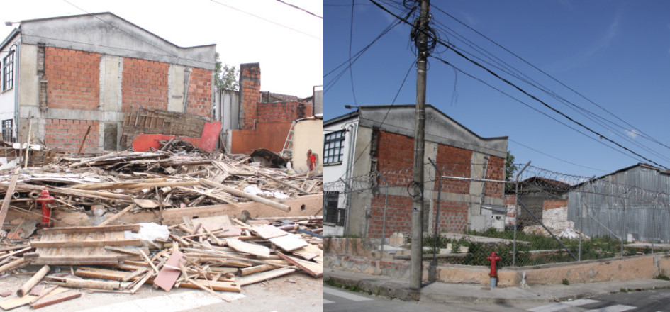 A la izquierda, la casa en escombros. A la derecha, el cerramiento del terreno con los escombros recogidos A la izquierda, la casa en escombros. A la derecha, el cerramiento del terreno con los escombros recogidos