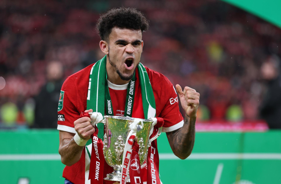 Luis Díaz celebrando su título con el Liverpool. Luis Díaz celebrando su título con el Liverpool.